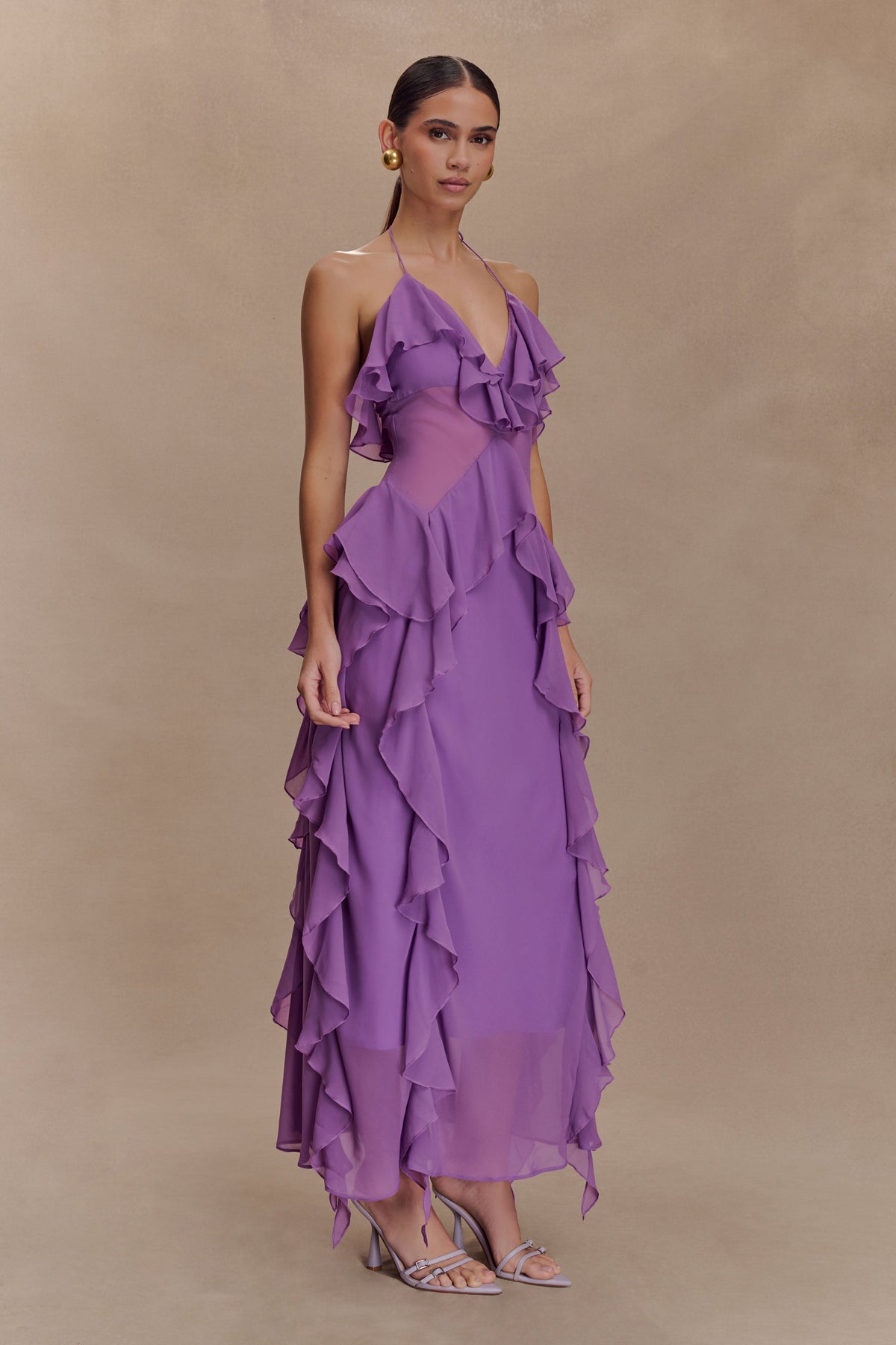 Aleyna Chiffon Ruffle Midi Dress in Purple – Chic&Drifts