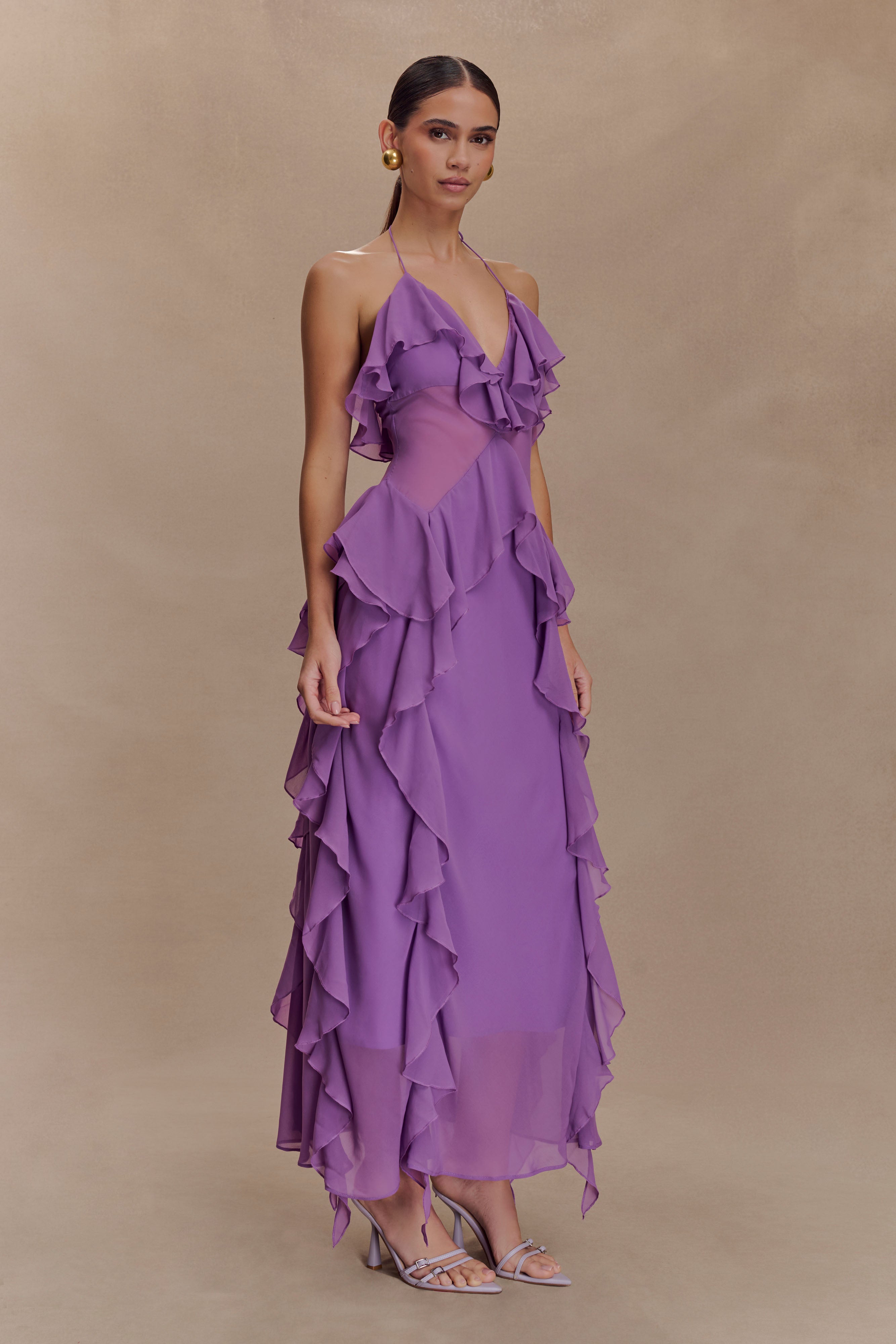Aleyna Chiffon Ruffle Midi Dress in Purple – Chic&Drifts