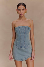 Alessia Embroidered Denim Corset in Light Vintage – Chic&Drifts