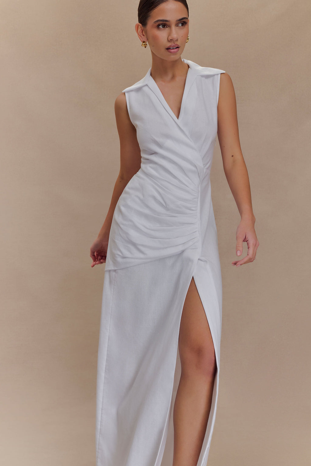Dante Ruched Linen Midi Dress in White – Chic&Drifts