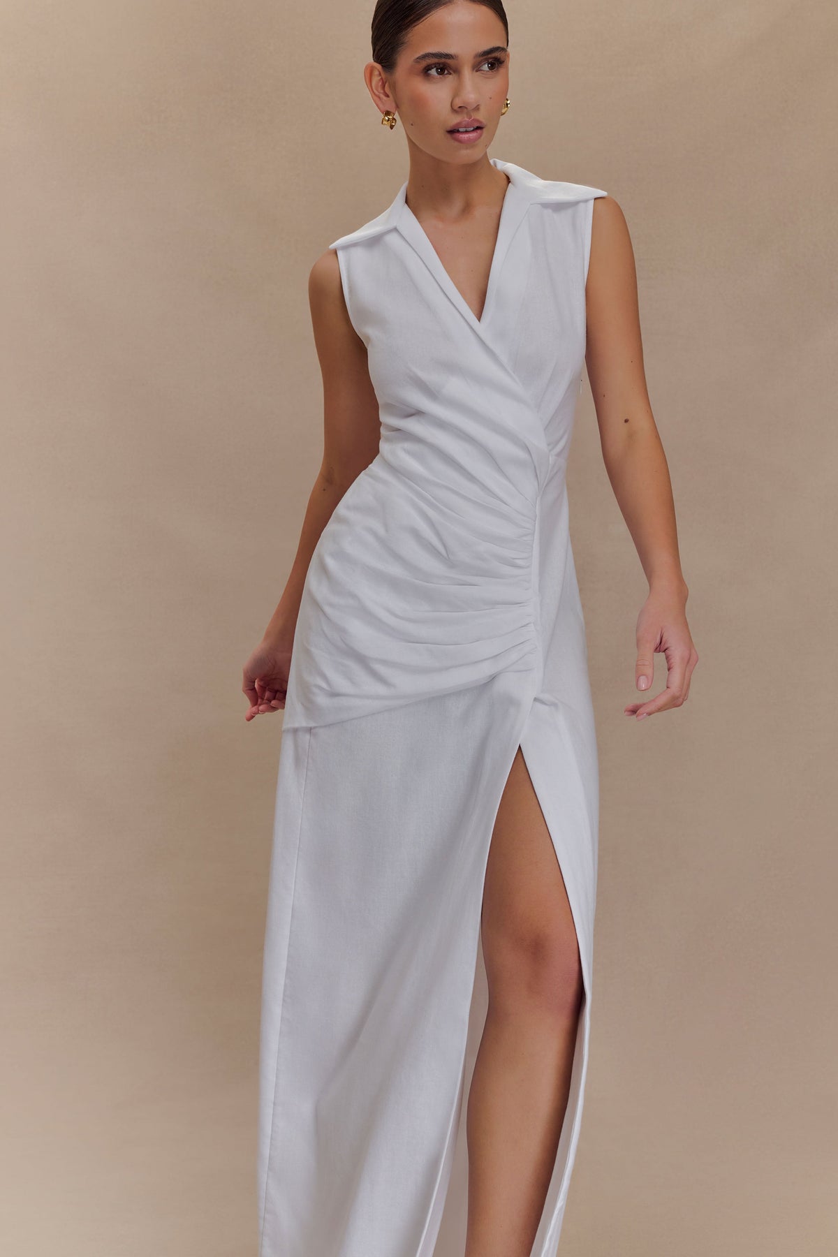 Dante Ruched Linen Midi Dress in White – Chic&Drifts