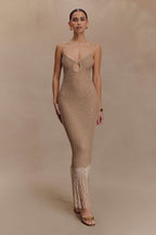 Raelynn Metallic Knit Fringe Midi Dress in Gold – Chic&Drifts