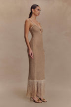 Raelynn Metallic Knit Fringe Midi Dress in Gold – Chic&Drifts