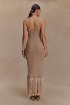 Raelynn Metallic Knit Fringe Midi Dress in Gold – Chic&Drifts
