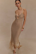 Raelynn Metallic Knit Fringe Midi Dress in Gold – Chic&Drifts