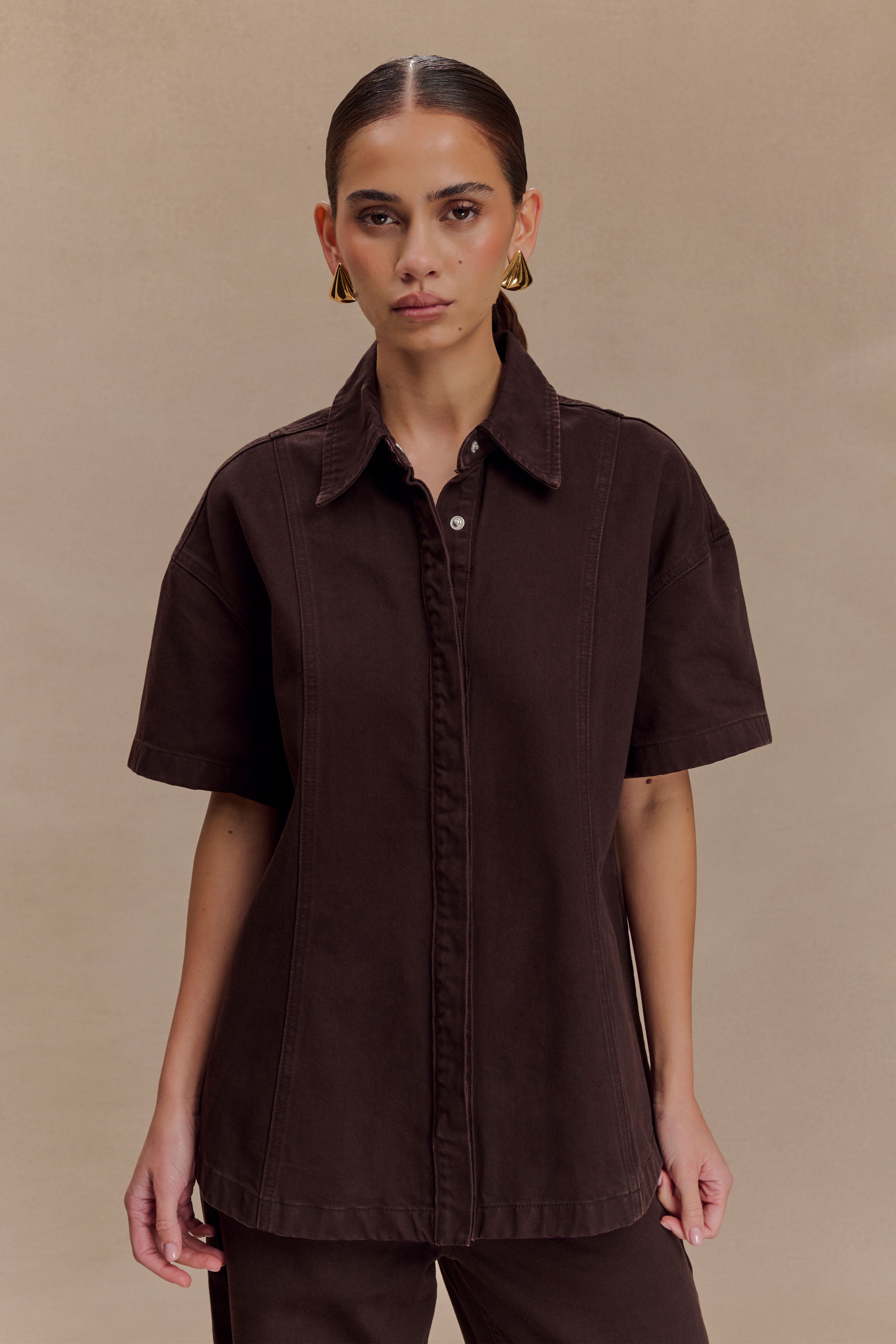 Maya Oversized Denim Shirt in Chocolate – Chic&Drifts