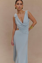 Raleigh Asymmetrical Slinky Midi Dress in Pale Blue – Chic&Drifts