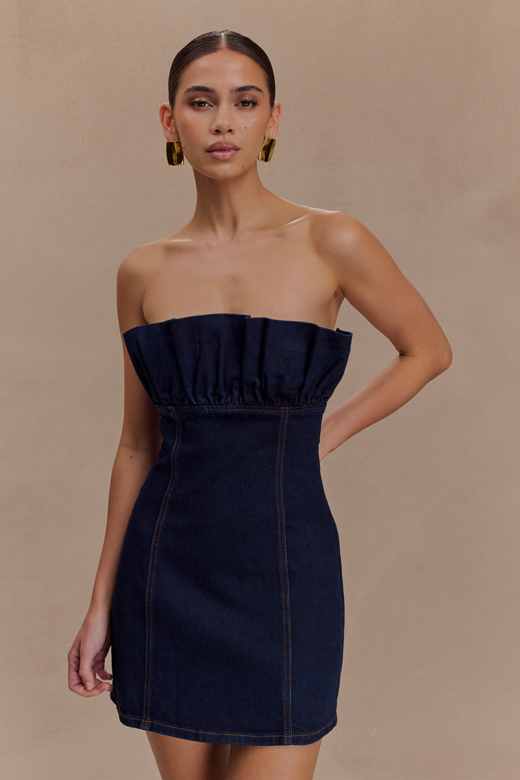 Raesha Frill Denim Mini Dress in Indigo Blue – Chic&Drifts