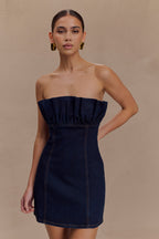Raesha Frill Denim Mini Dress in Indigo Blue – Chic&Drifts
