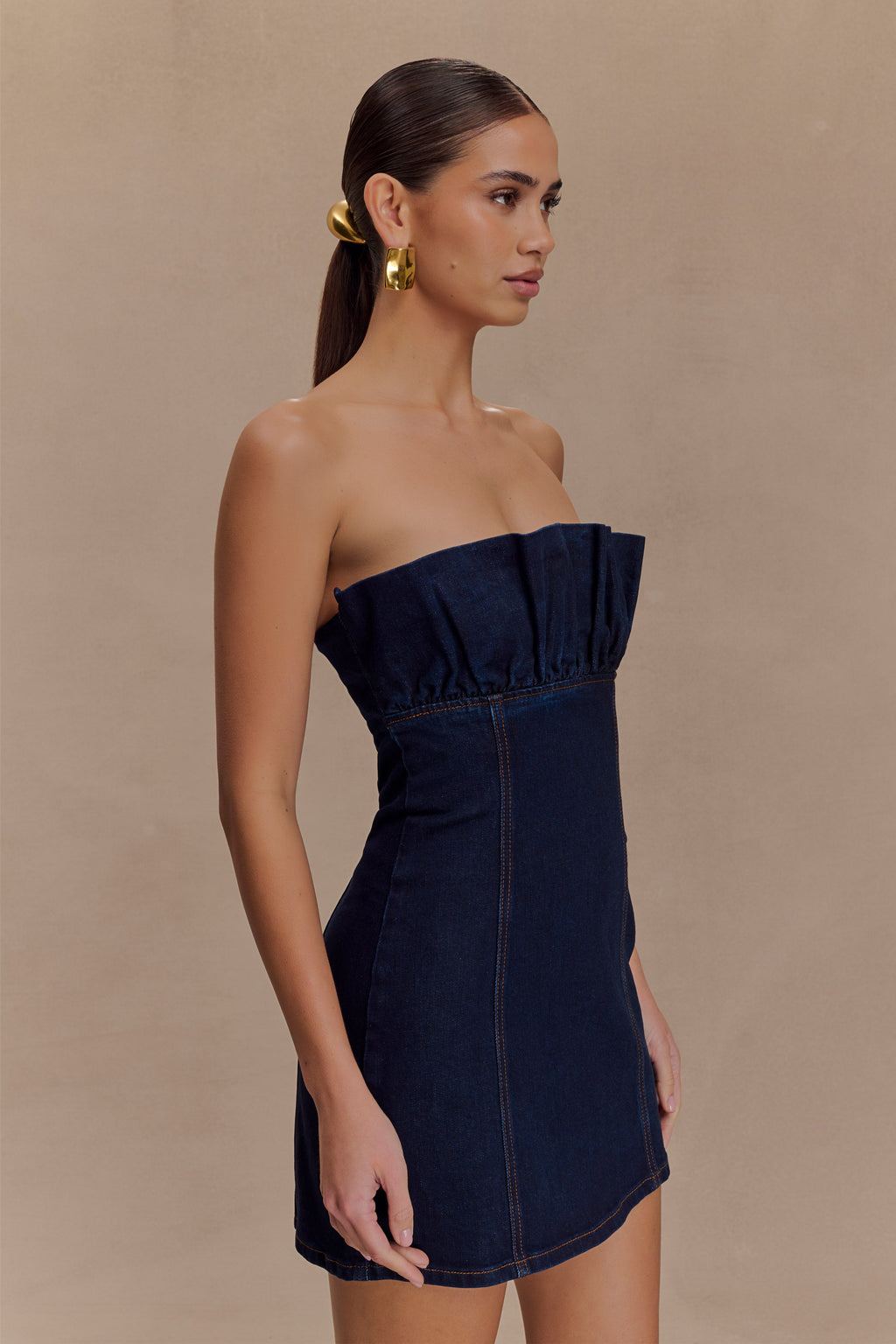 Raesha Frill Denim Mini Dress in Indigo Blue – Chic&Drifts