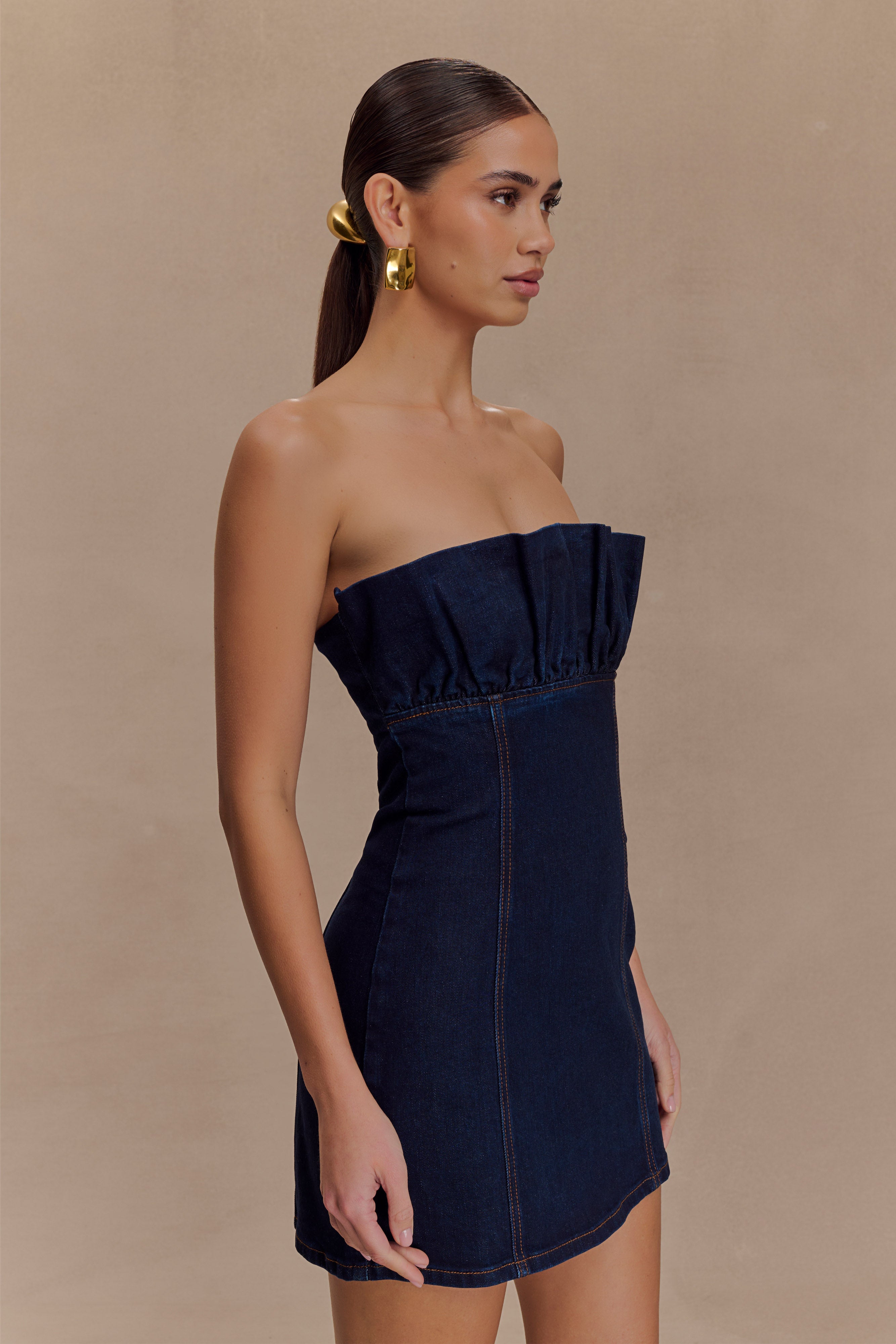 Raesha Frill Denim Mini Dress in Indigo Blue – Chic&Drifts