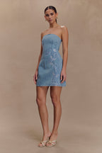 Akira Embroidered Denim Mini Dress in Mid Blue – Chic&Drifts