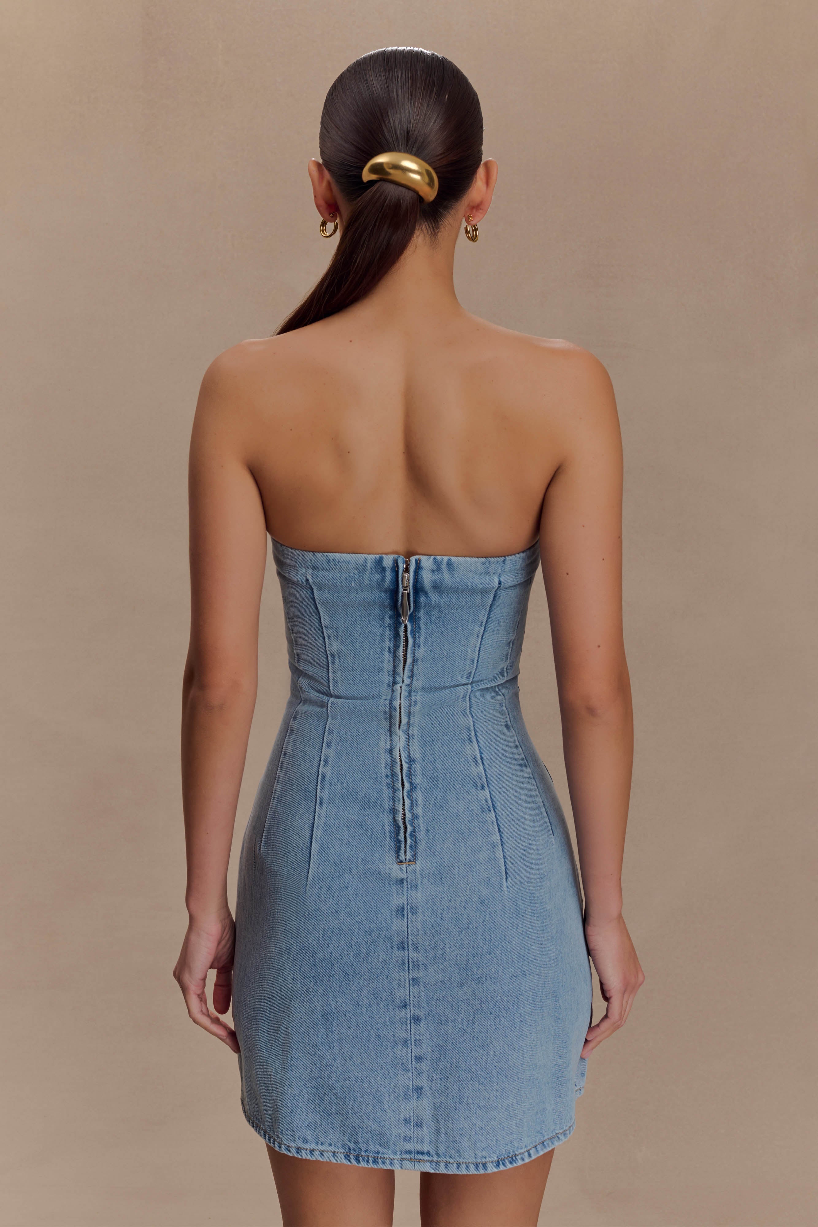 Akira Embroidered Denim Mini Dress in Mid Blue – Chic&Drifts