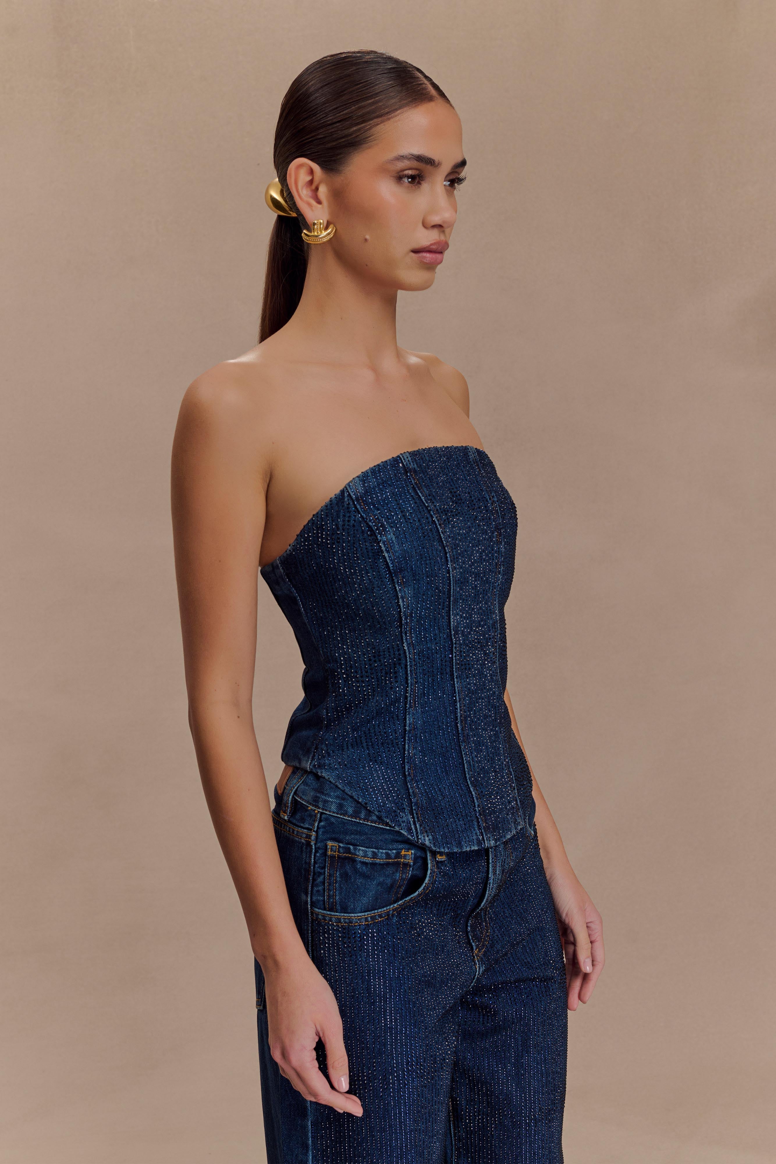 Monte Strapless Diamante Denim Corset in Midnight Blue – Chic&Drifts