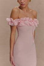 Nova Ruffle Off Shoulder Maxi Dress in Ballet Pink – Chic&Drifts