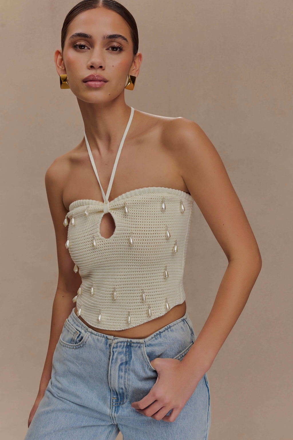 Aletta Knit Pearl Halter Top in Ivory – Chic&Drifts
