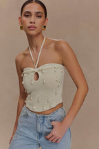 Aletta Knit Pearl Halter Top in Ivory – Chic&Drifts