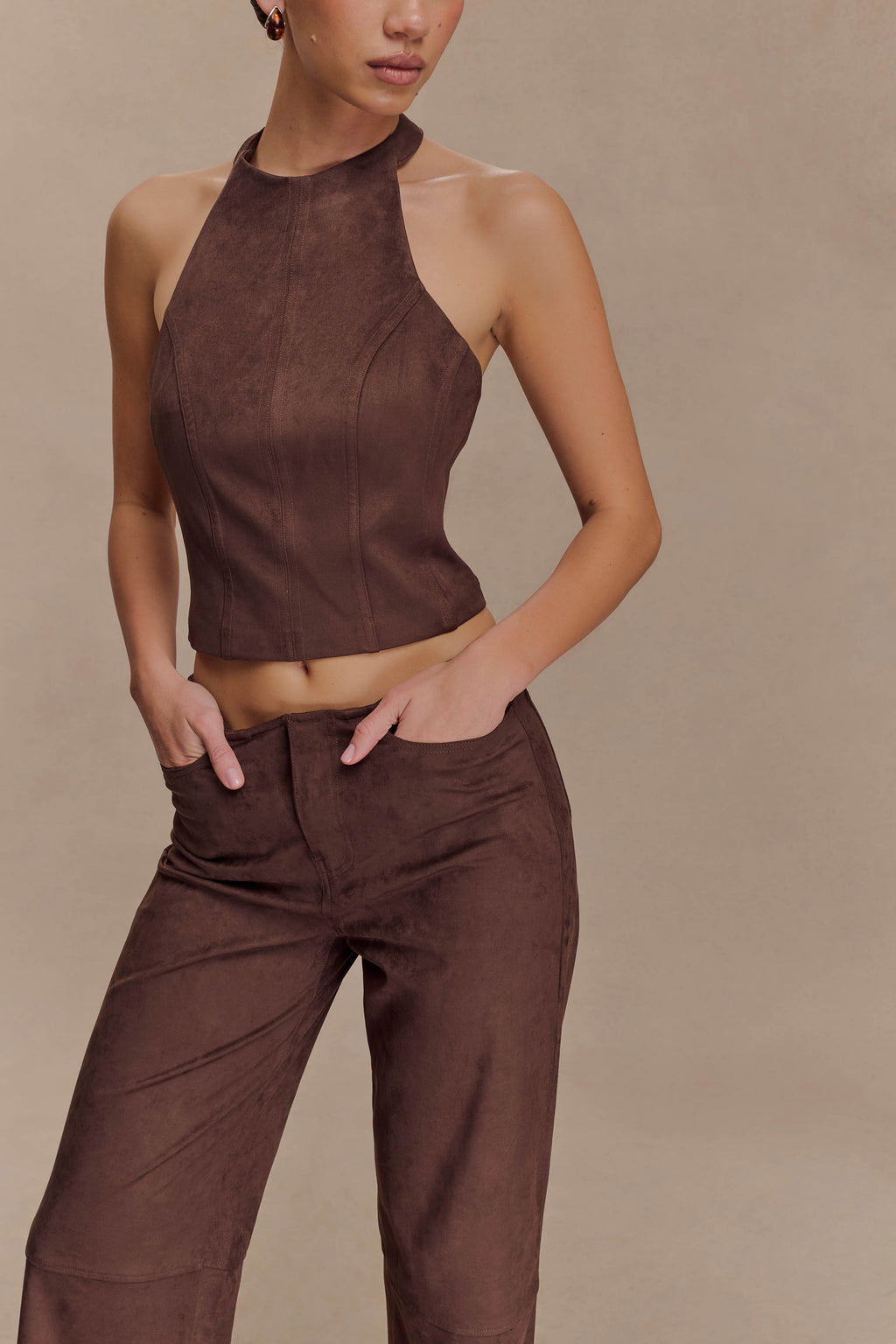 Logan Faux Suede Halter Top in Dark Chocolate – Chic&Drifts