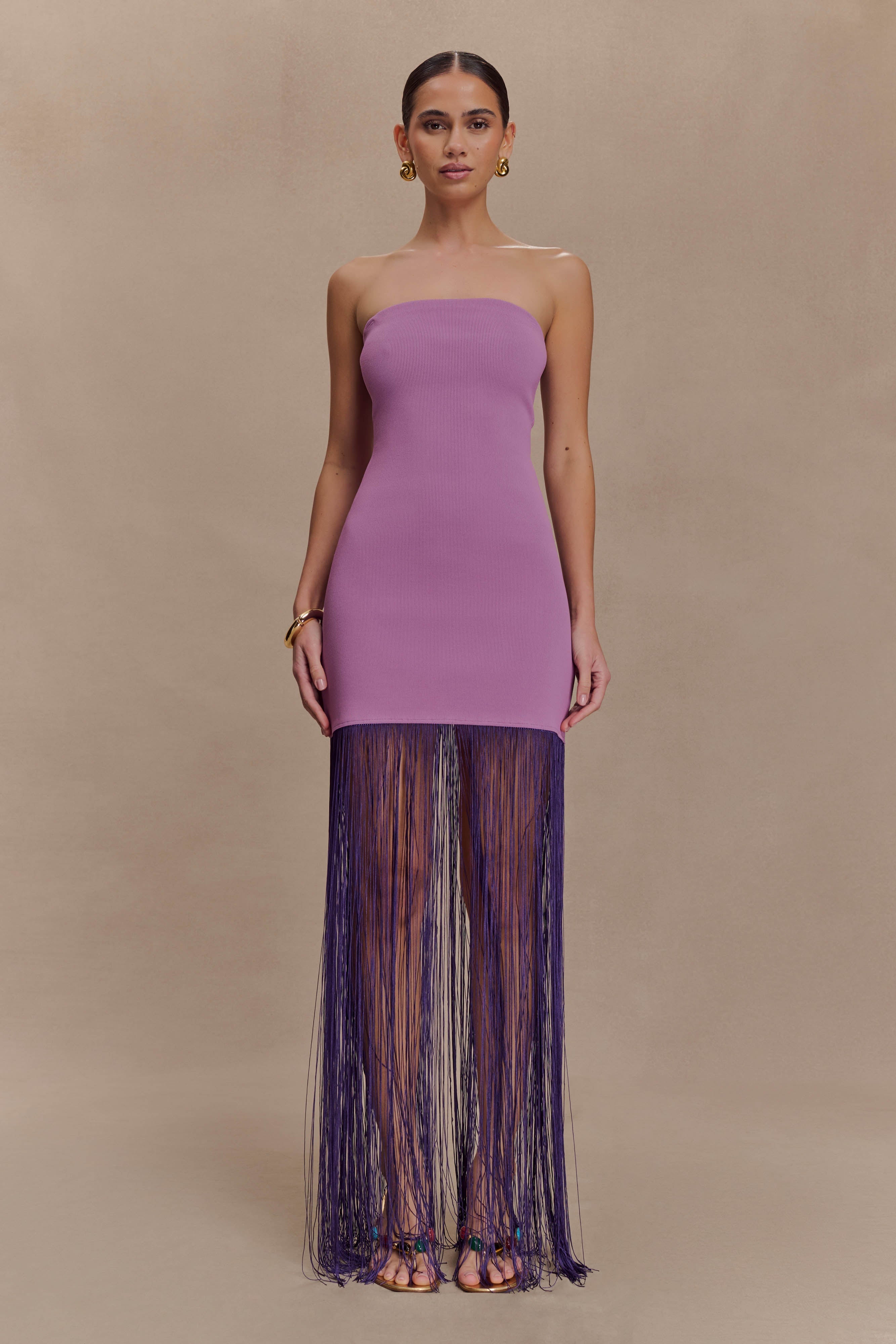 Koah Fringe Bandage Knit Maxi Dress in Purple – Chic&Drifts