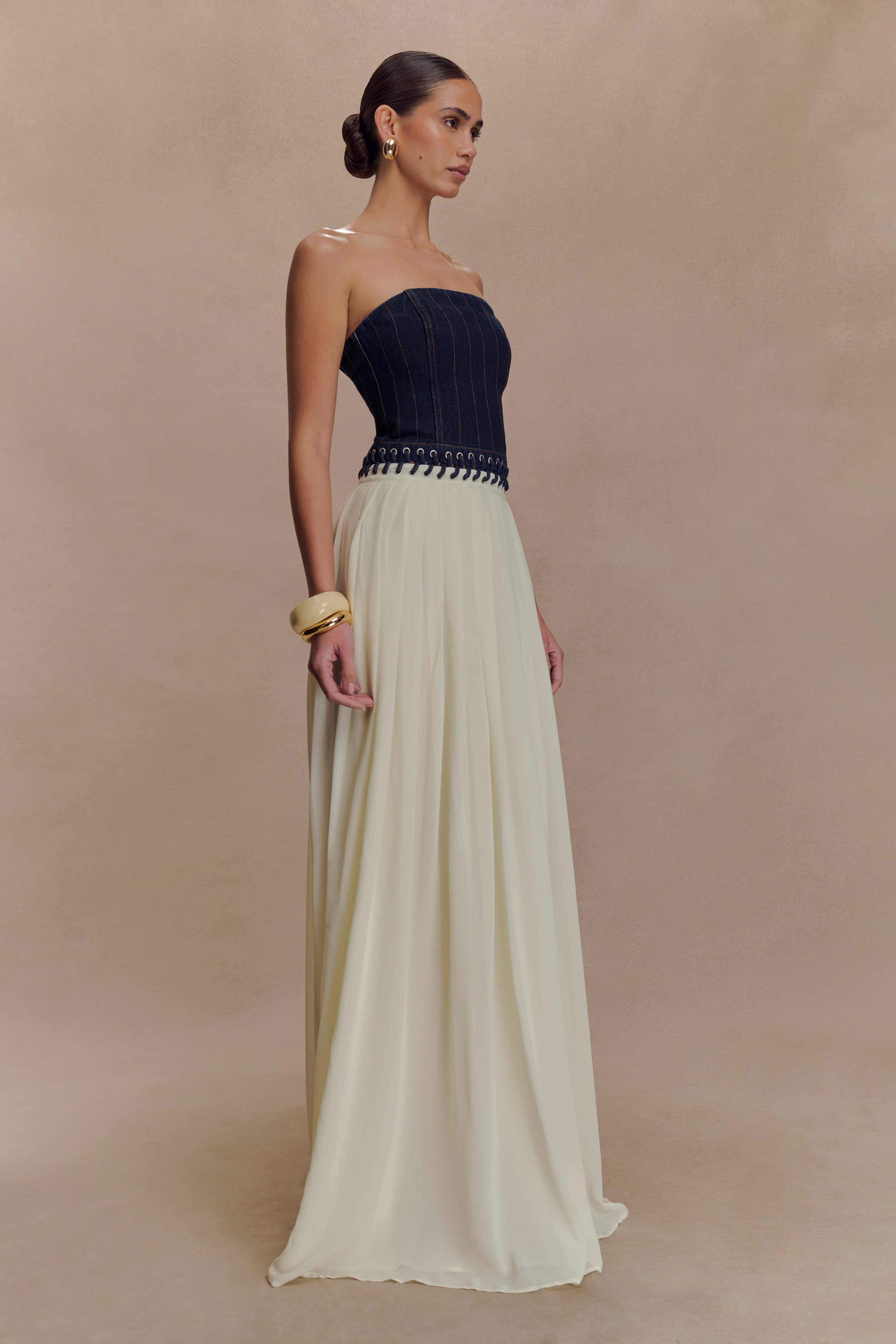 Suella Chiffon Denim Maxi Dress in Indigo Blue – Chic&Drifts