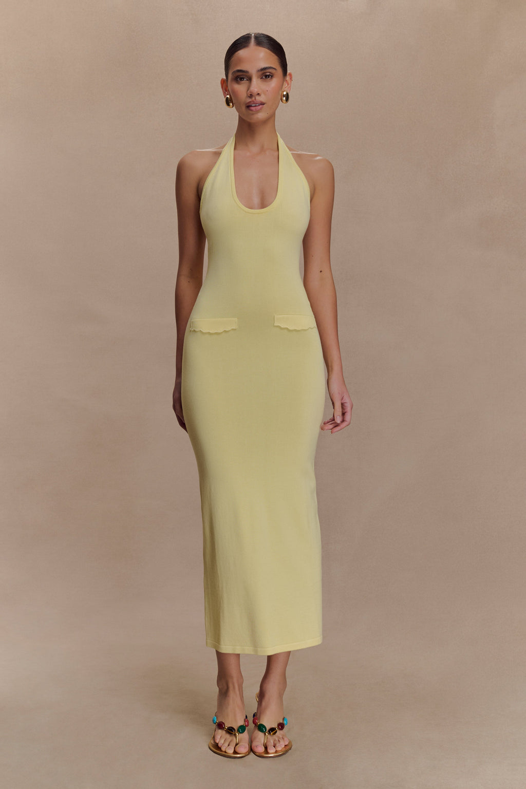 Ovina Halter Neck Knit Midi Dress in Lemon – Chic&Drifts