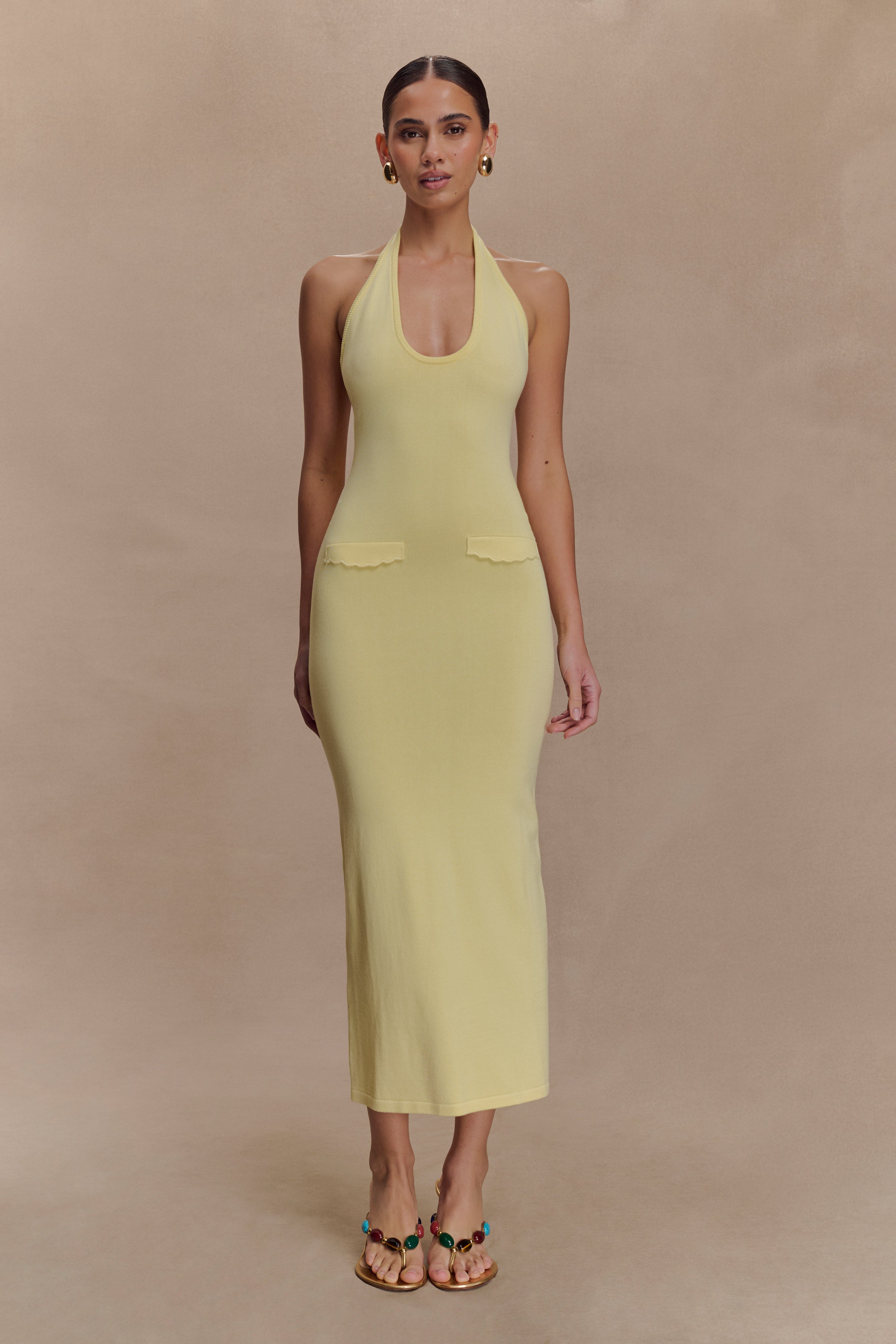 Ovina Halter Neck Knit Midi Dress in Lemon – Chic&Drifts