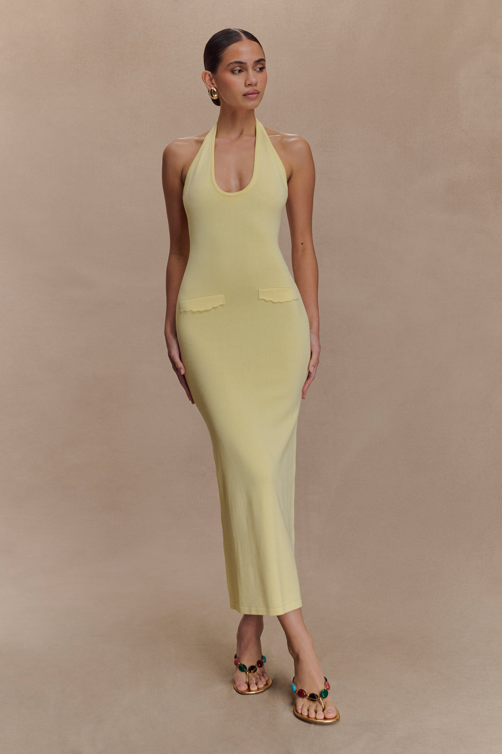 Ovina Halter Neck Knit Midi Dress in Lemon – Chic&Drifts