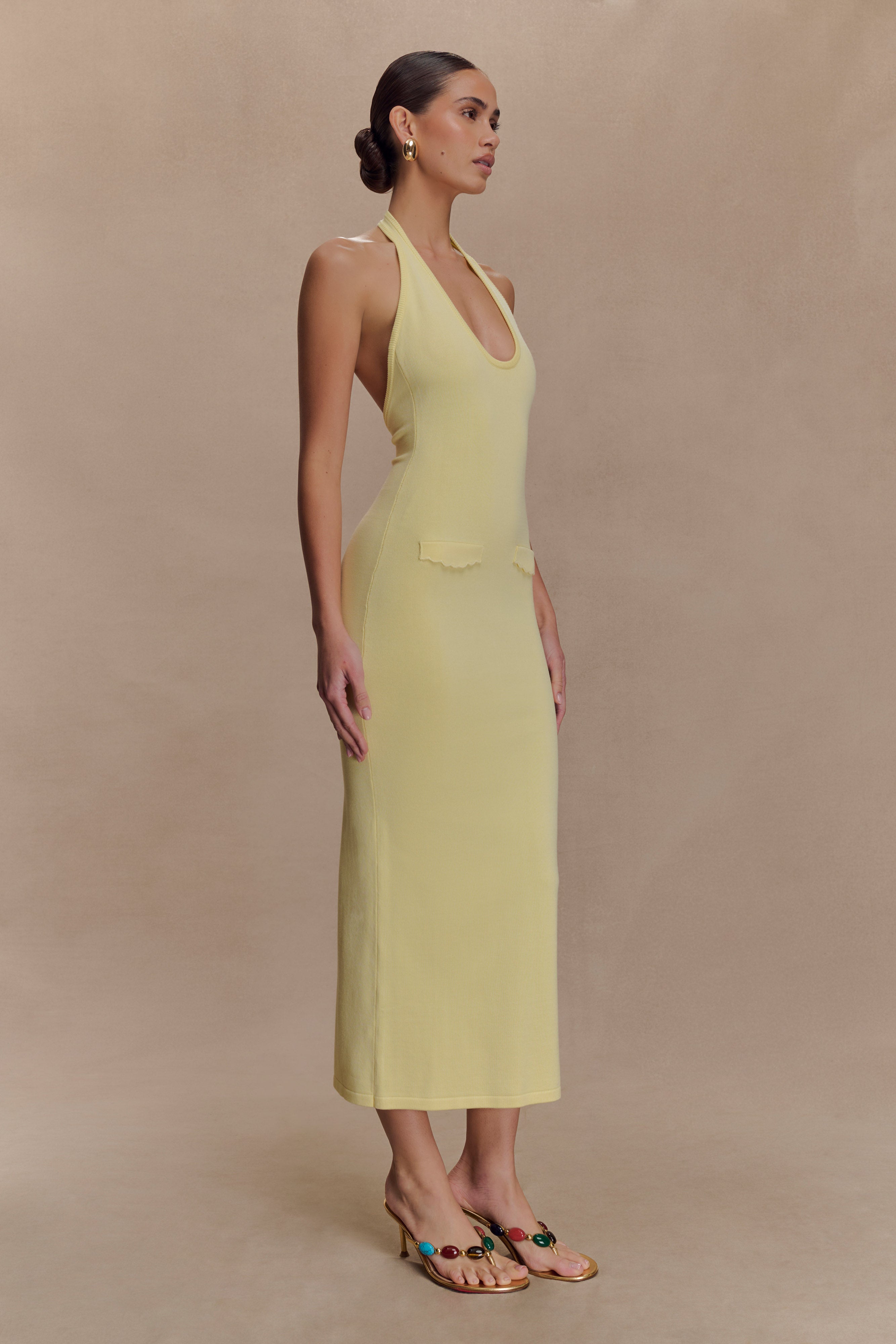Ovina Halter Neck Knit Midi Dress in Lemon – Chic&Drifts