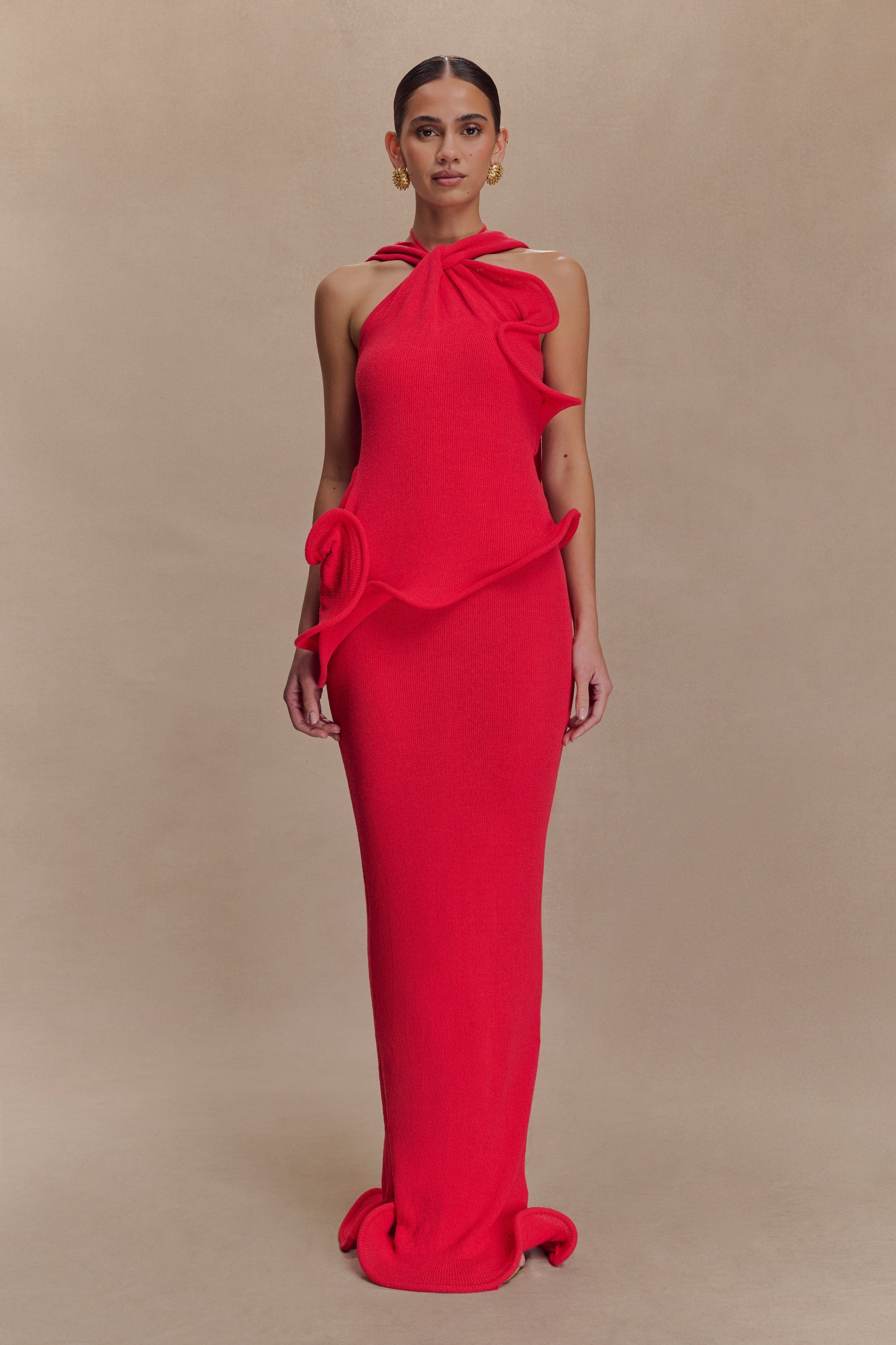 Caprice Halter Knit Maxi Dress in Red – Chic&Drifts