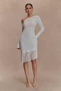 Kayden Fringe Off Shoulder Knit Mini Dress in Ivory – Chic&Drifts