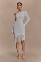 Kayden Fringe Off Shoulder Knit Mini Dress in Ivory – Chic&Drifts