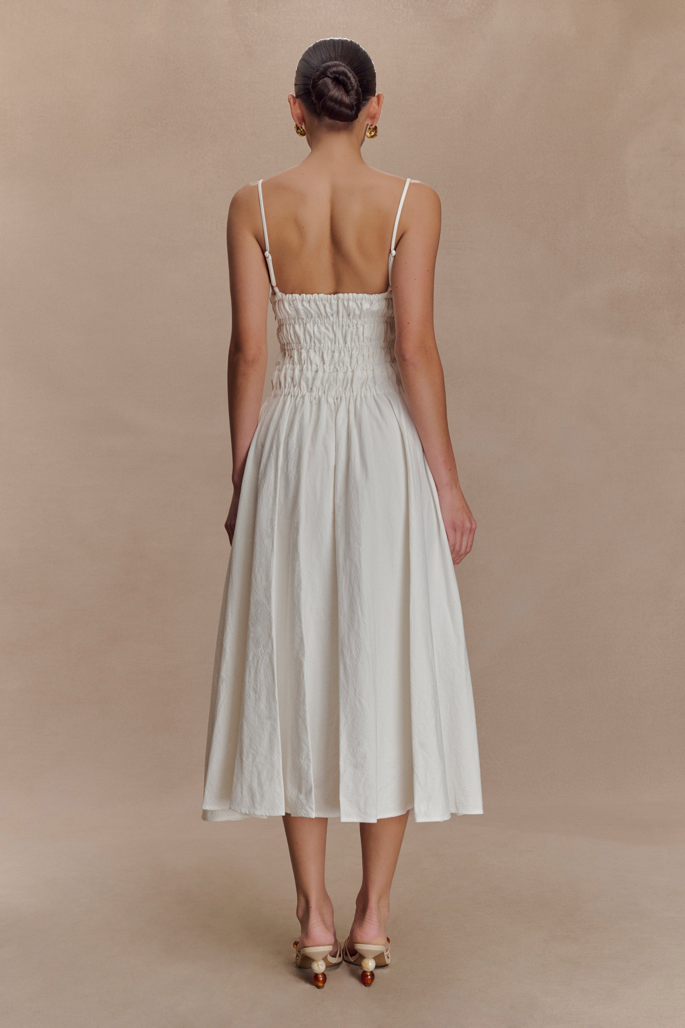 Elias Shirred Cotton Midi Dress in White – Chic&Drifts