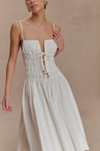 Elias Shirred Cotton Midi Dress in White – Chic&Drifts
