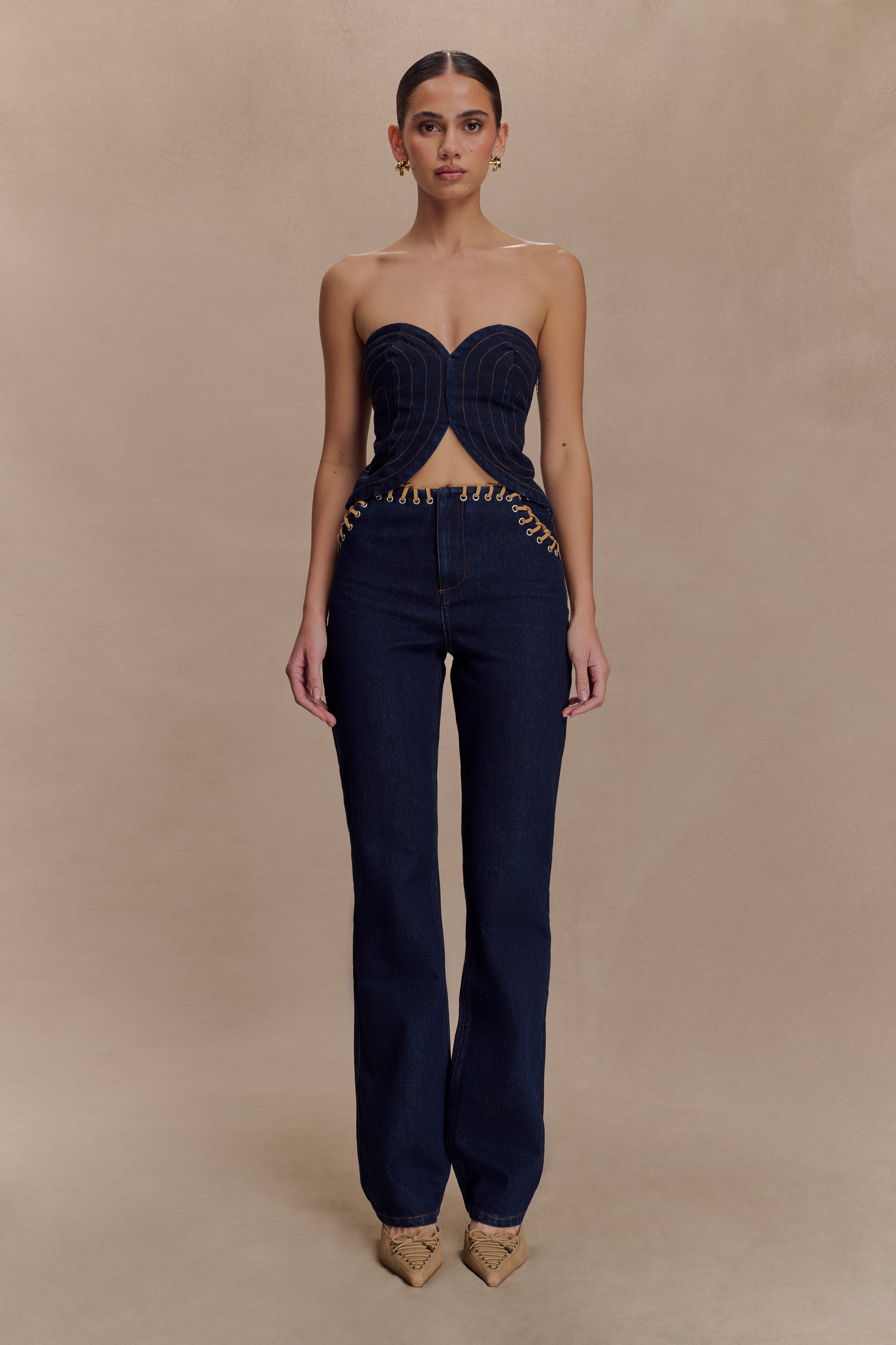 Tully Strapless Topstitch Denim Top in Indigo Blue – Chic&Drifts