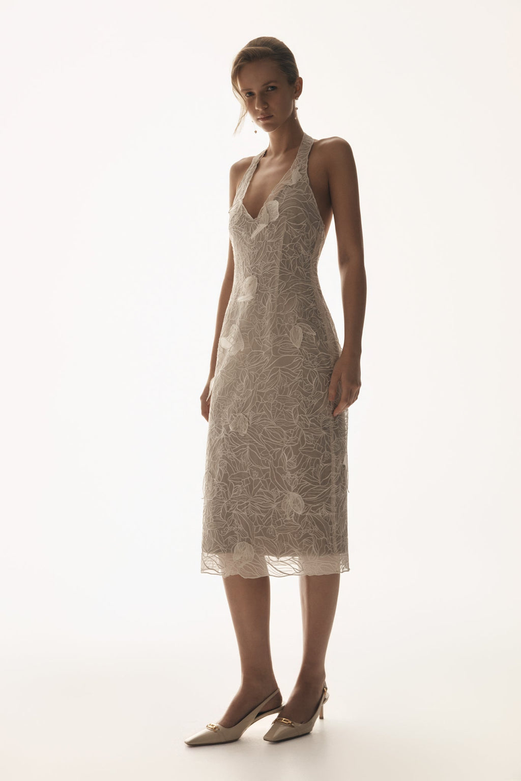Lenore Silk Lace Halter Midi Dress