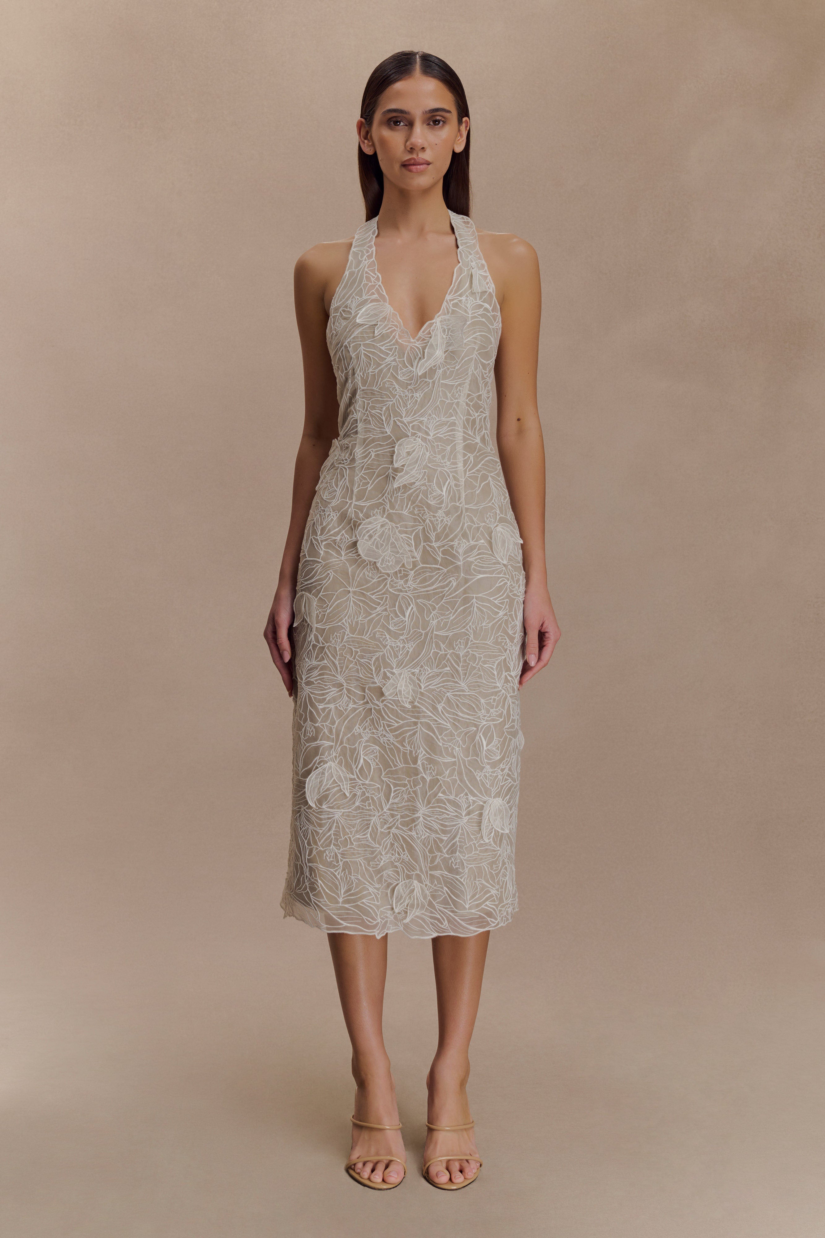 Lenore Silk Lace Halter Midi Dress