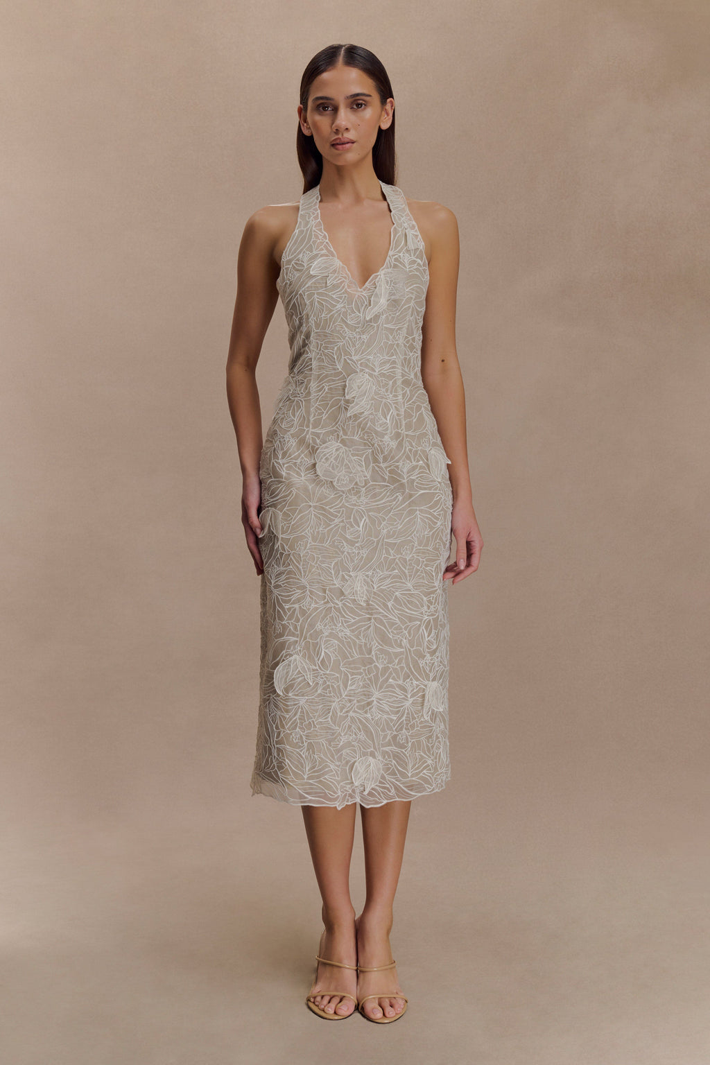 Lenore Silk Lace Halter Midi Dress