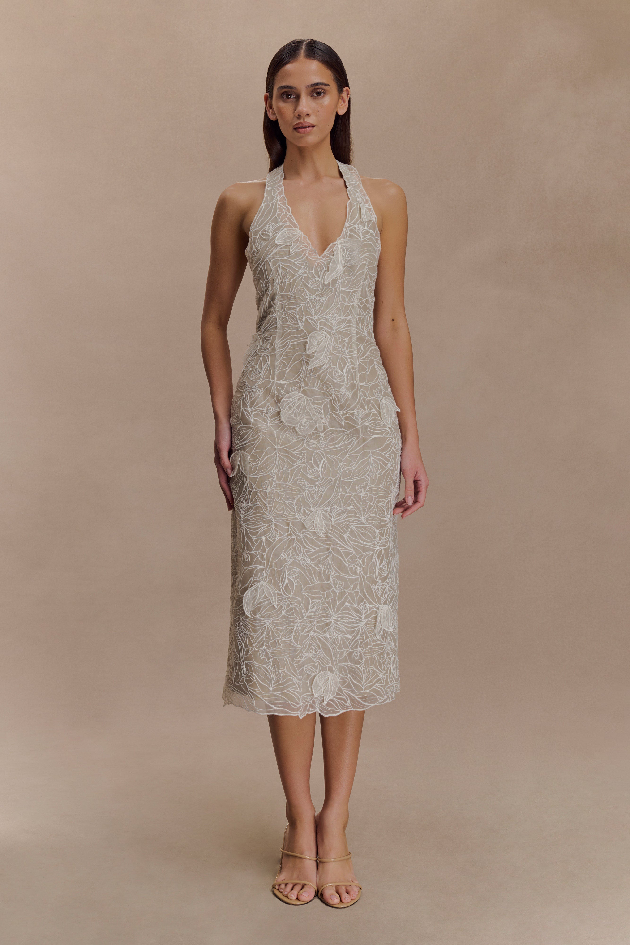 Lenore Silk Lace Halter Midi Dress