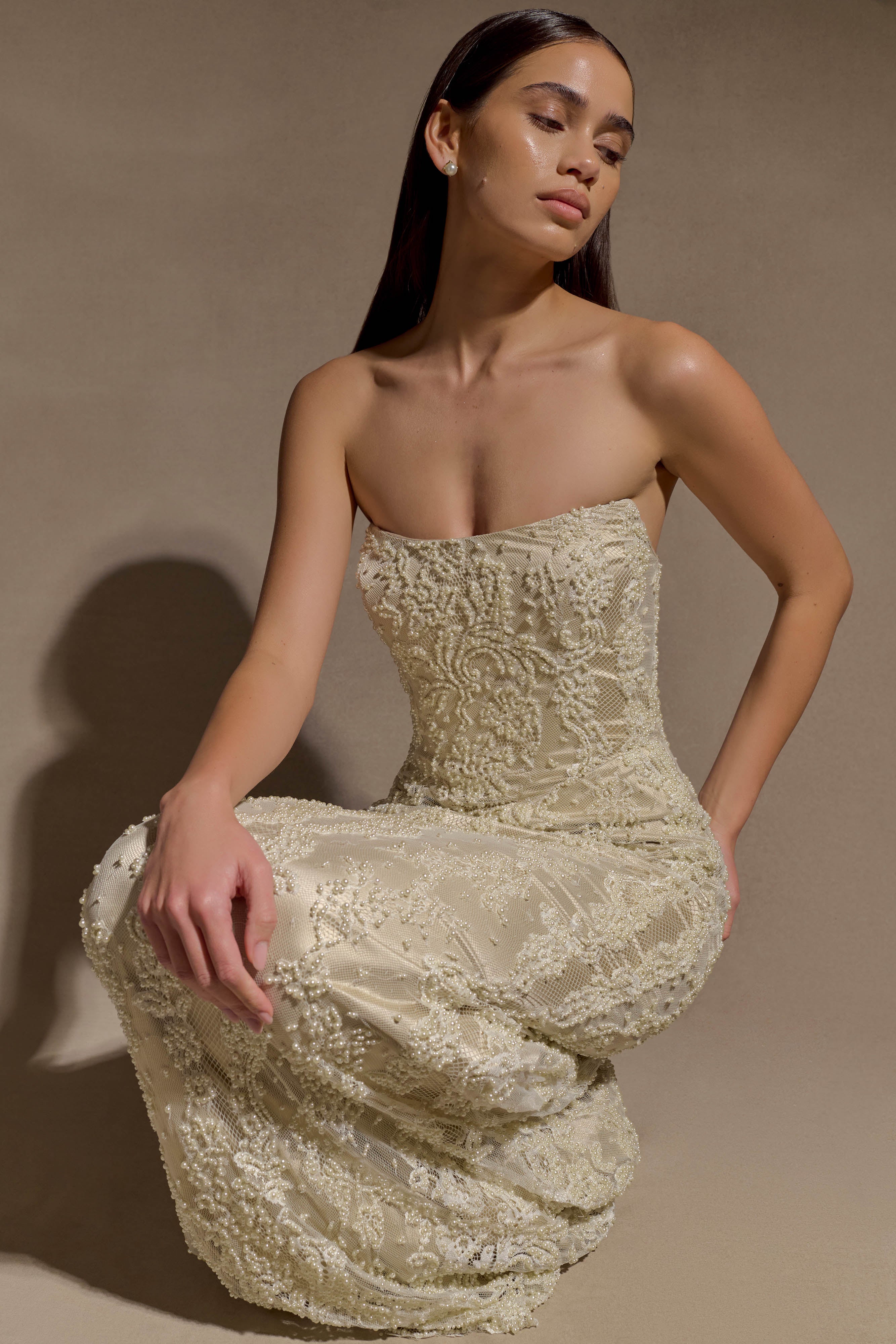 Eva Hand Beaded Pearl & Lace Maxi Dress