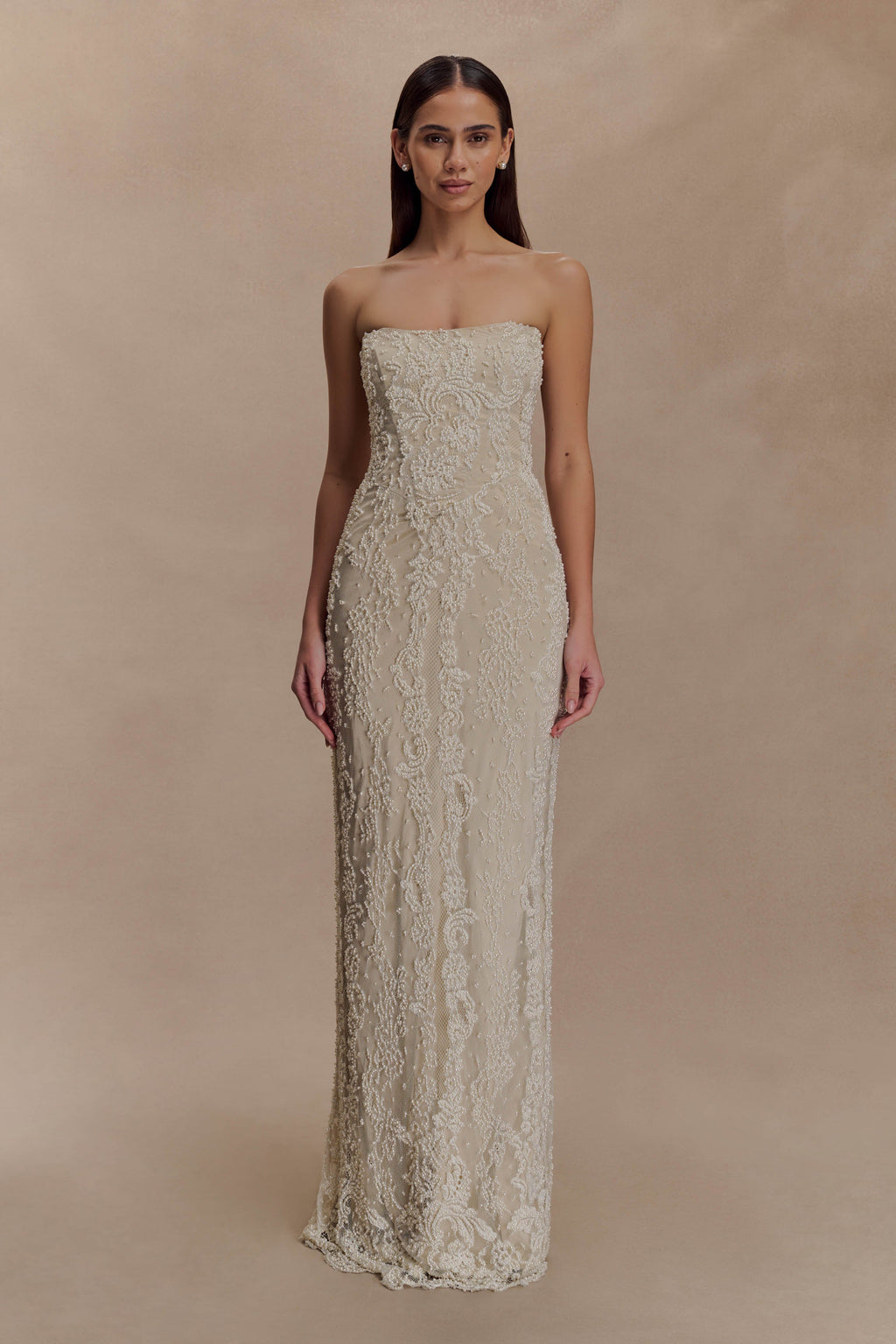 Eva Hand Beaded Pearl & Lace Maxi Dress