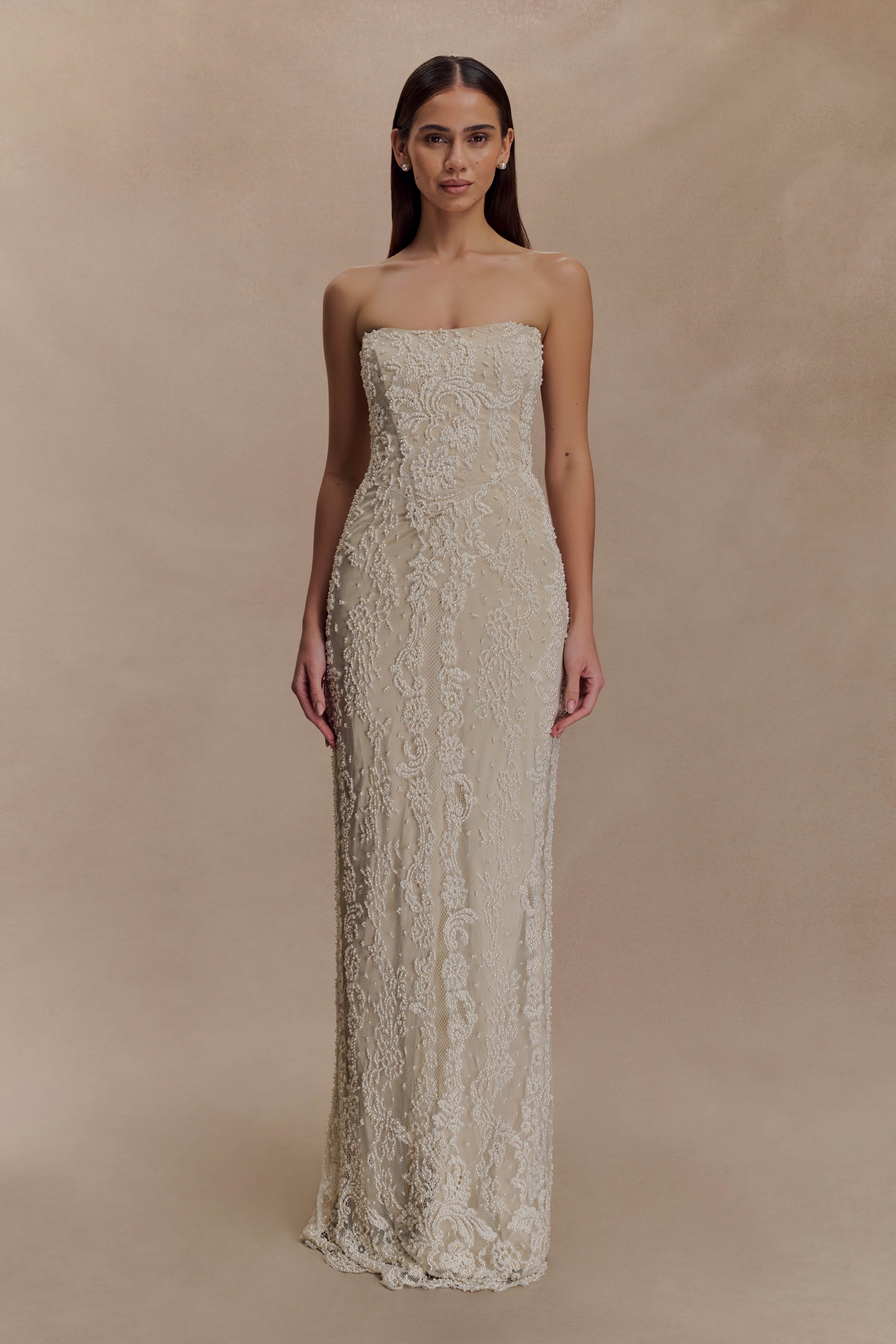Eva Hand Beaded Pearl & Lace Maxi Dress
