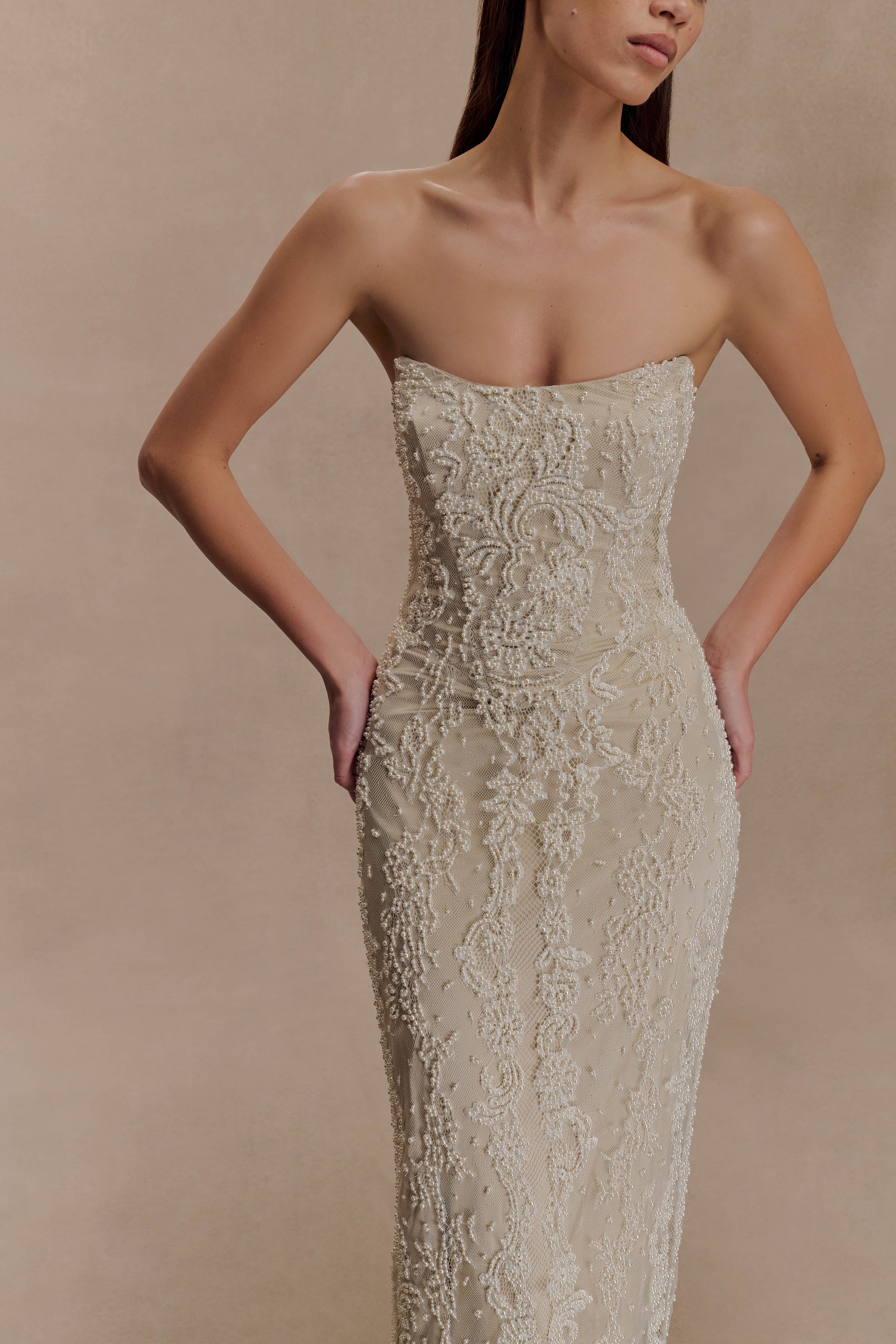 Eva Hand Beaded Pearl & Lace Maxi Dress