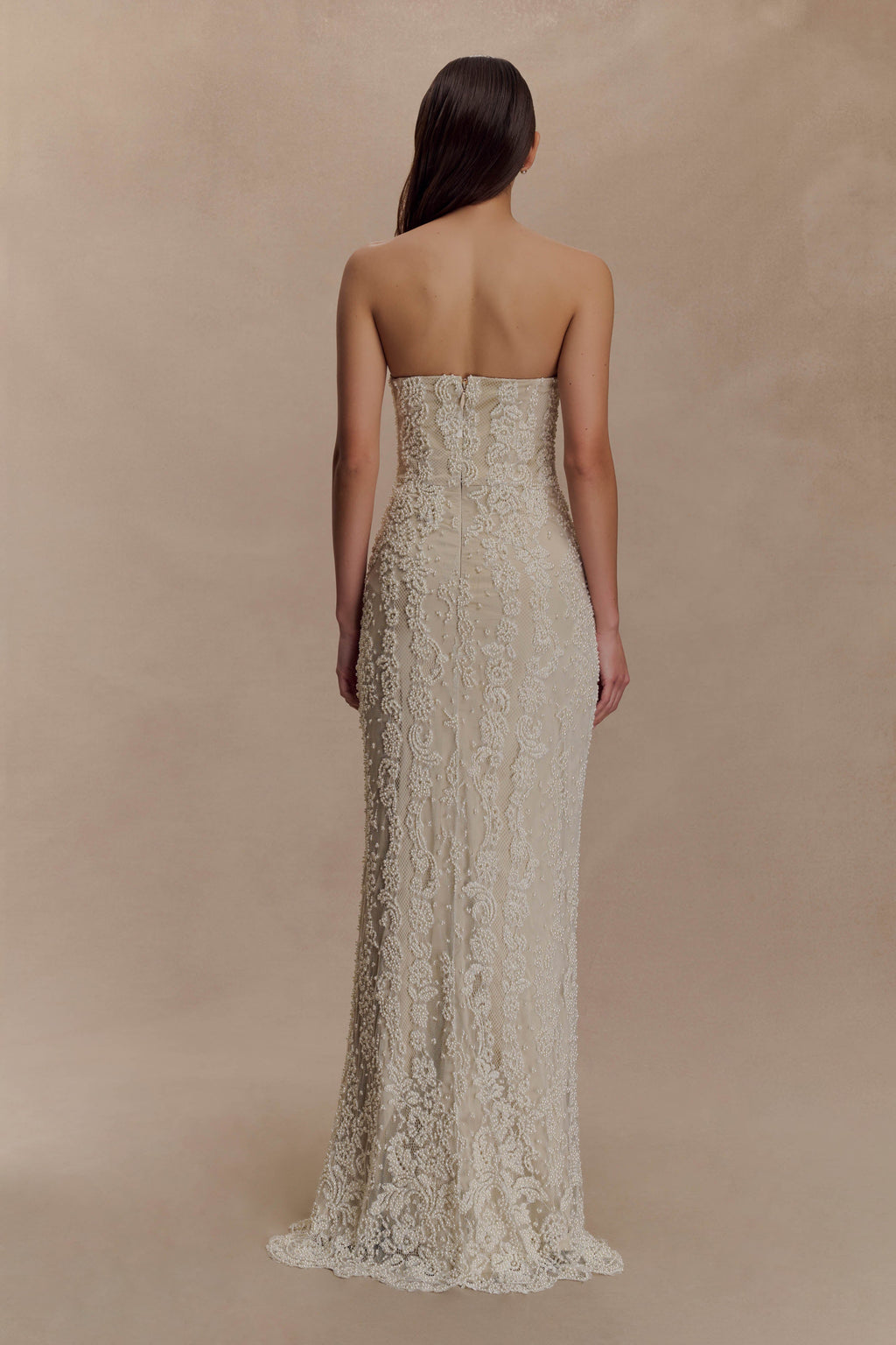 Eva Hand Beaded Pearl & Lace Maxi Dress