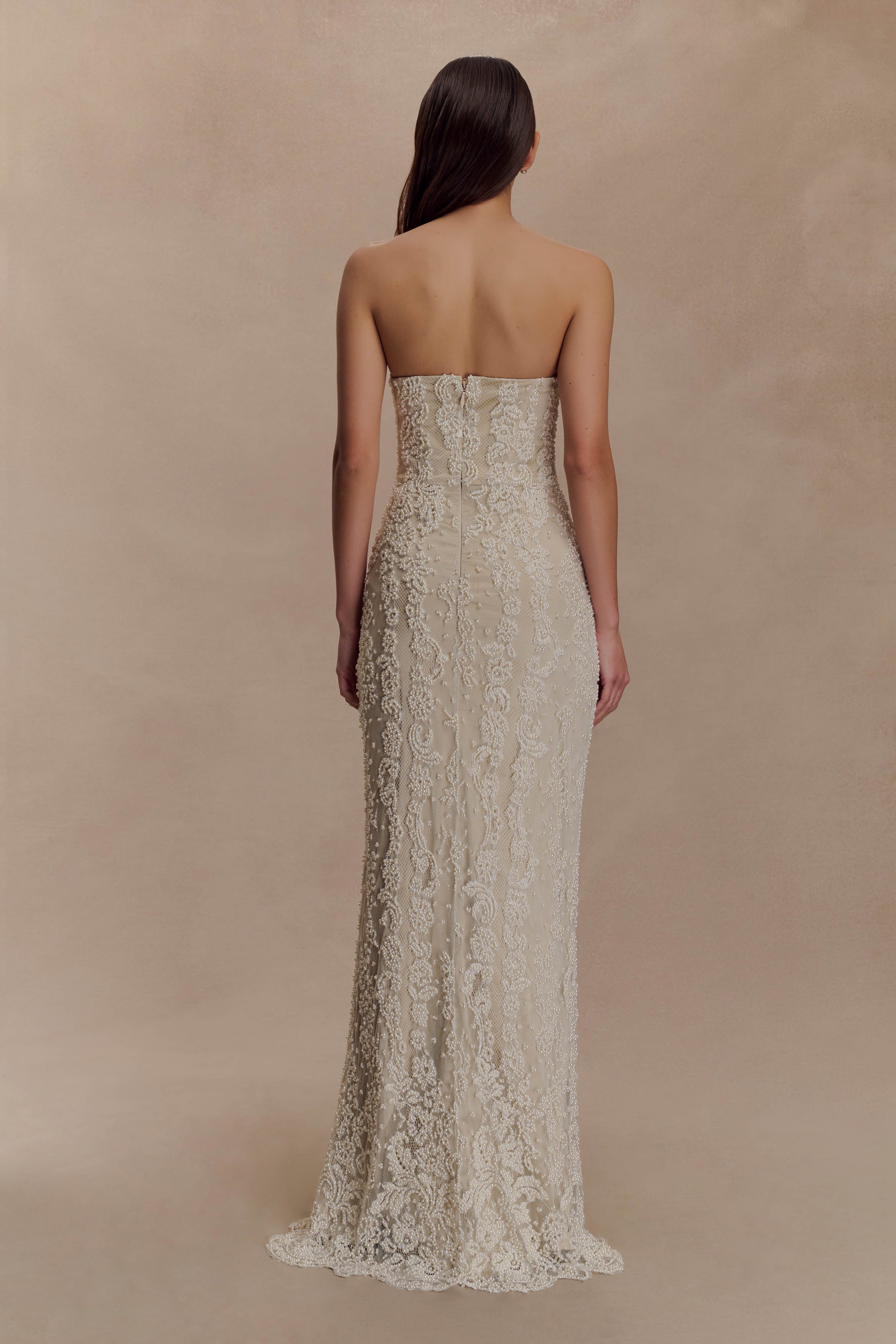 Eva Hand Beaded Pearl & Lace Maxi Dress