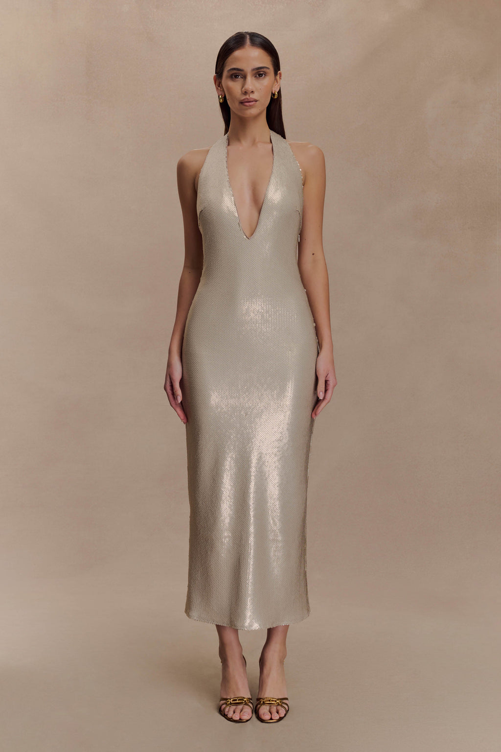 Carnation Sequin Halter Midi Dress