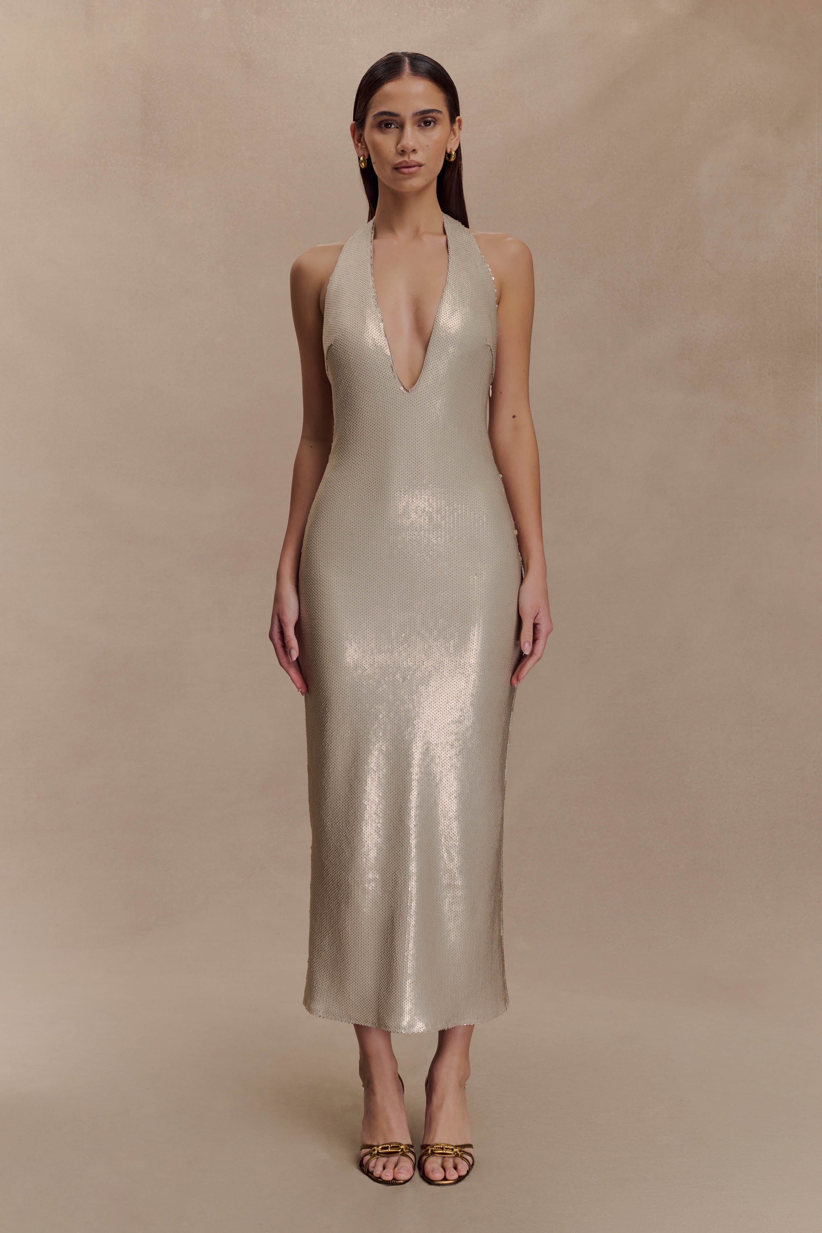 Carnation Sequin Halter Midi Dress