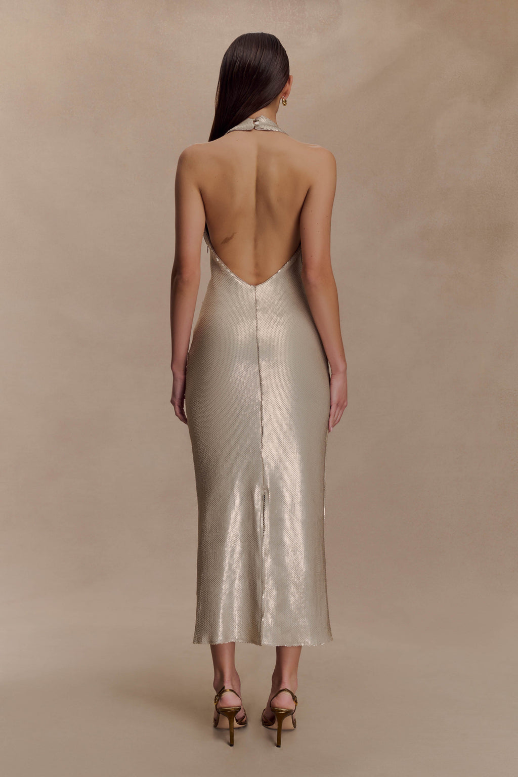 Carnation Sequin Halter Midi Dress