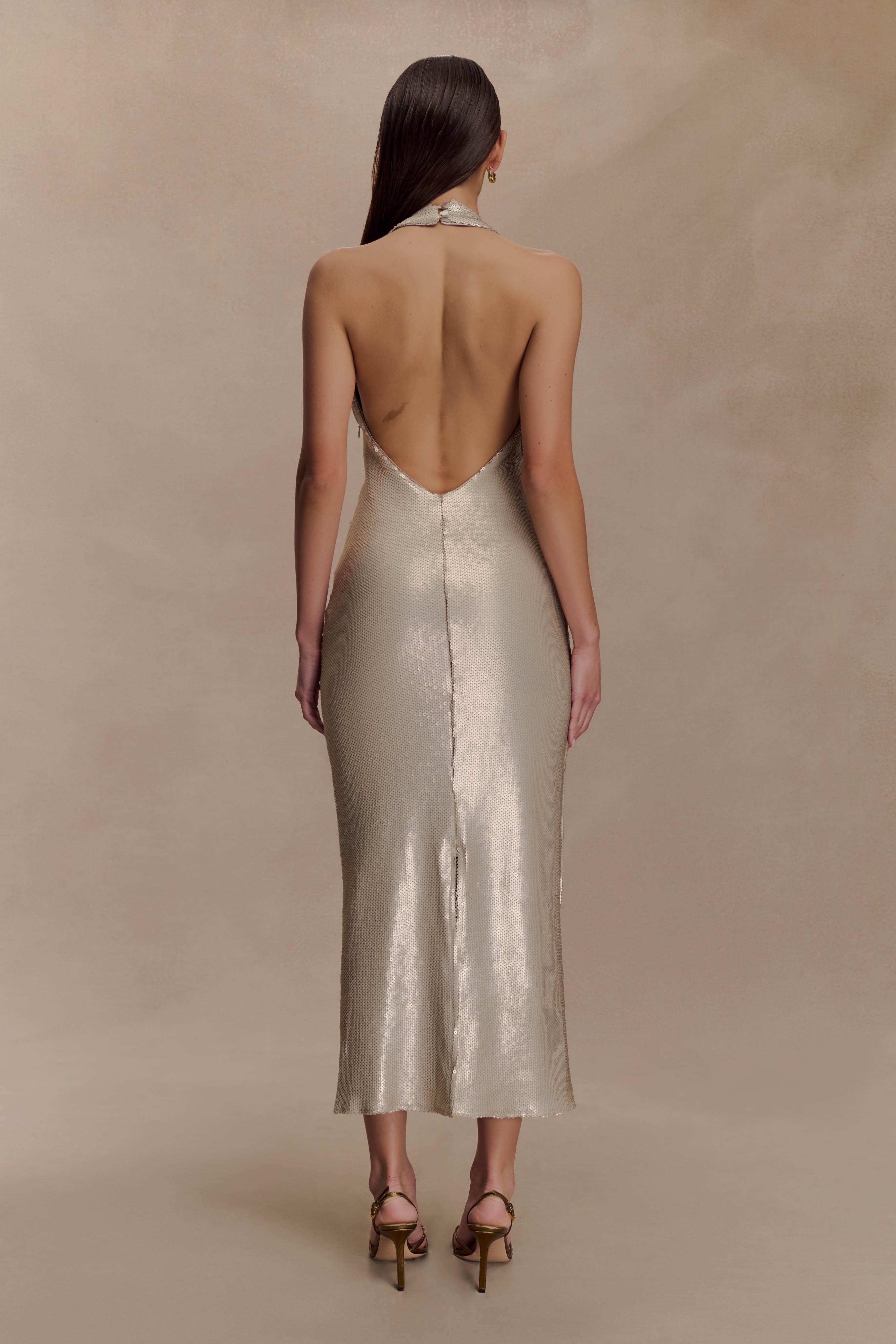 Carnation Sequin Halter Midi Dress