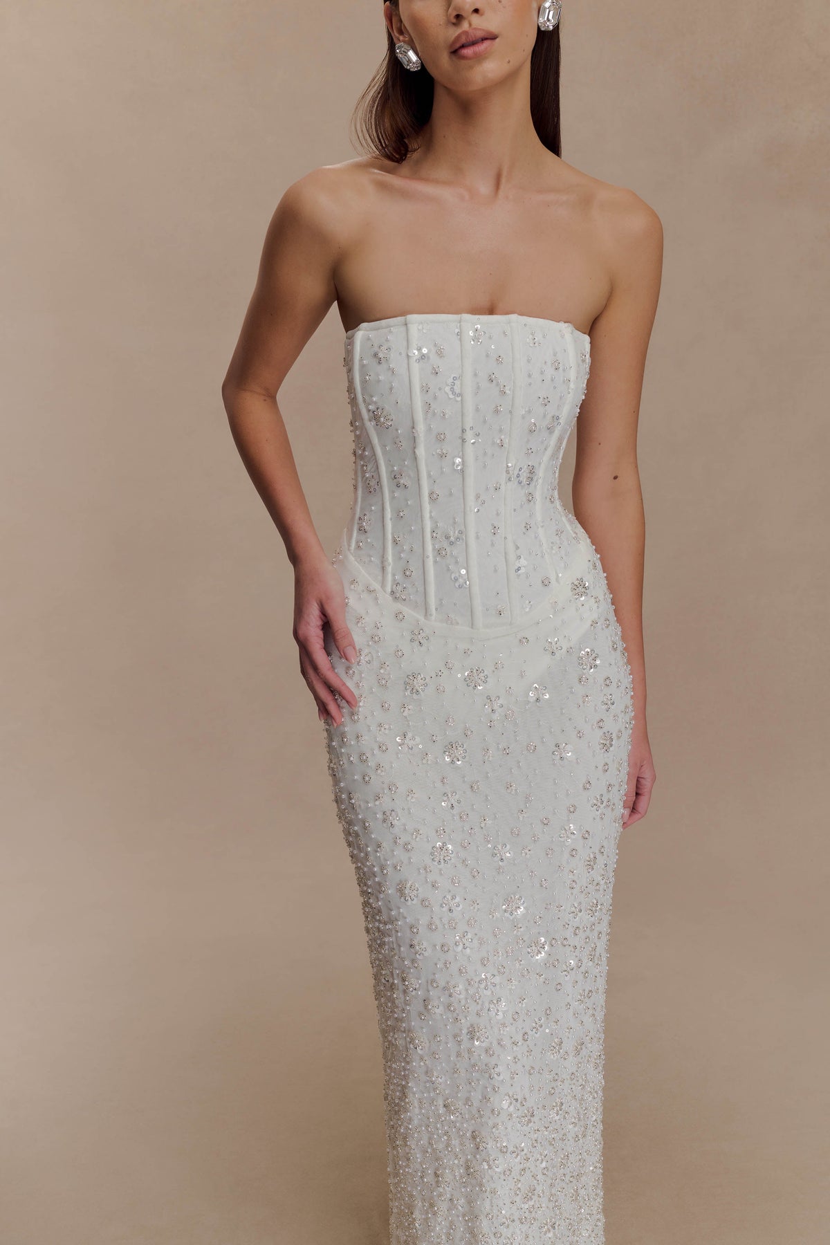 Gemma Strapless Embellished Maxi Dress in Ivory – Chic&Drifts