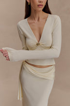 Miraby Front Ruched Knit Long Sleeve Top in Ivory – Chic&Drifts